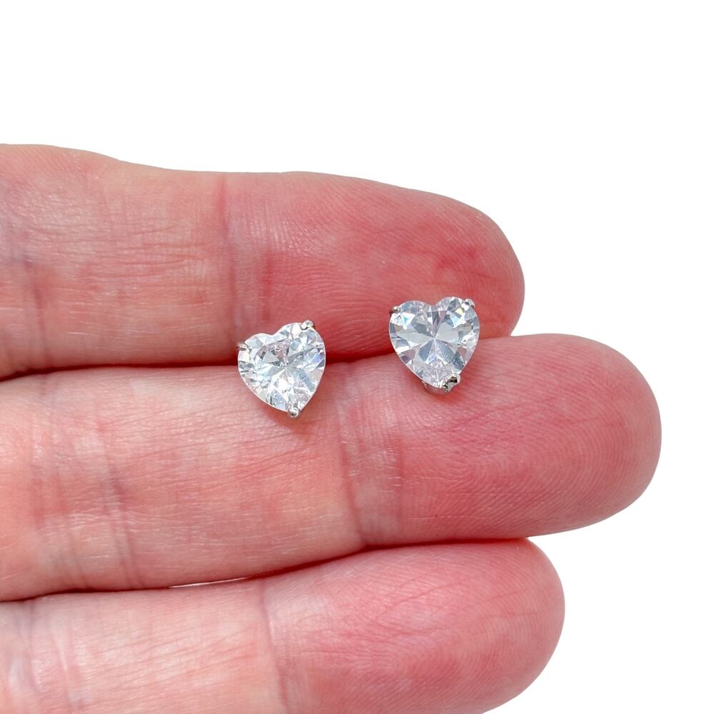 Vintage Sterling Silver 925 Heart Cubic Zirconia Stud Earrings